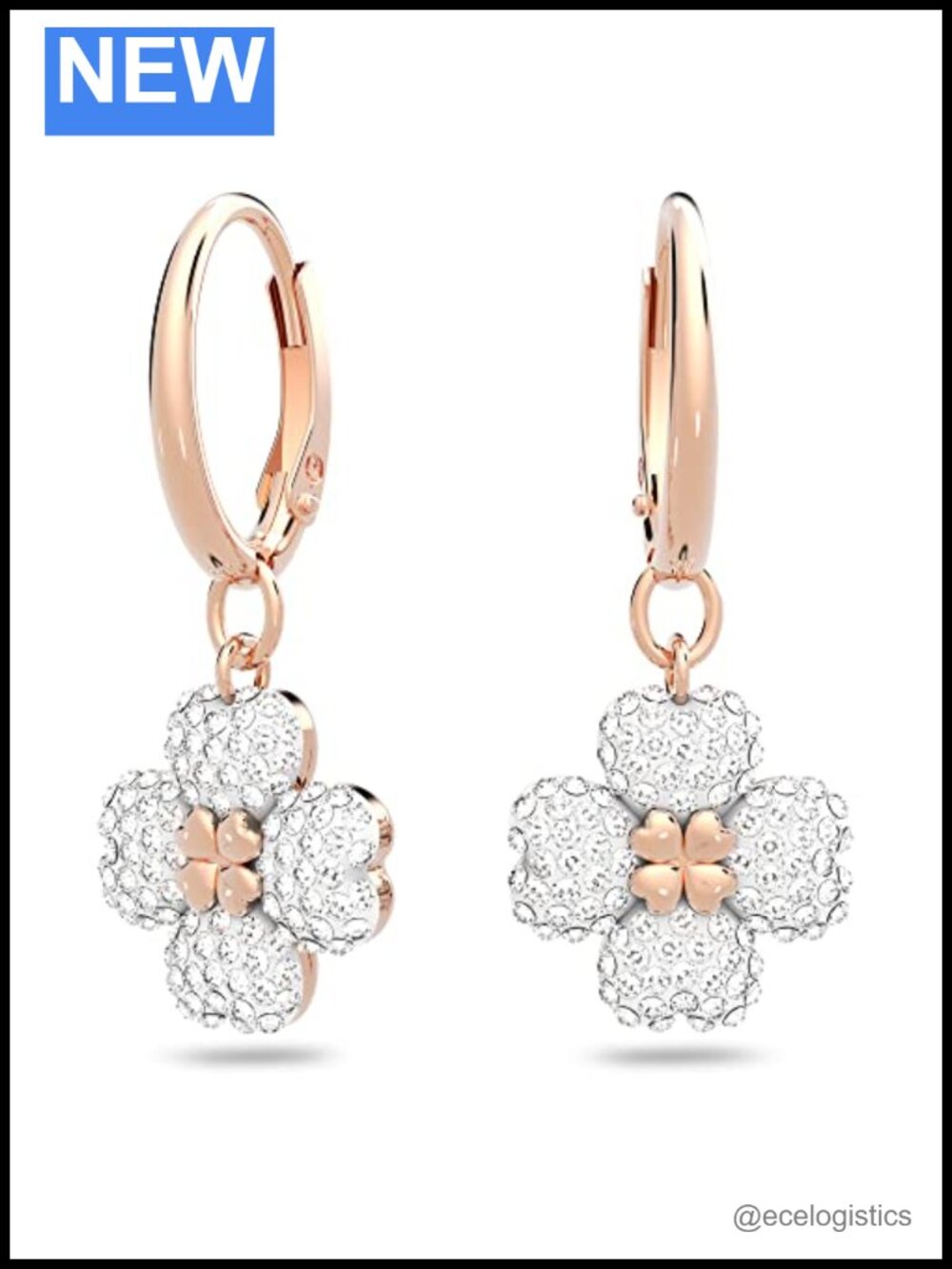 Flower Hoop Earrings Rose-gold Tone Plated Crystal Pave 1 1/4 Inch